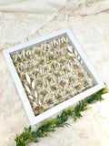 Baby birth stats Shadow box filled with rolled roses.
