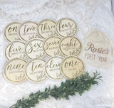 Wooden Baby Monthly Milestone Rounds. Set of 12 months sign with leaf design