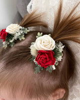 Christmas floral clips or headband red/white roses