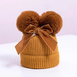 Baby Girl Knitted Hat. Fur Pom Pom and velvet bow. Winter hat
