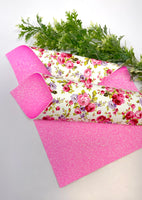 Pink floral Double sided faux leather sheets neon pink glitter backing