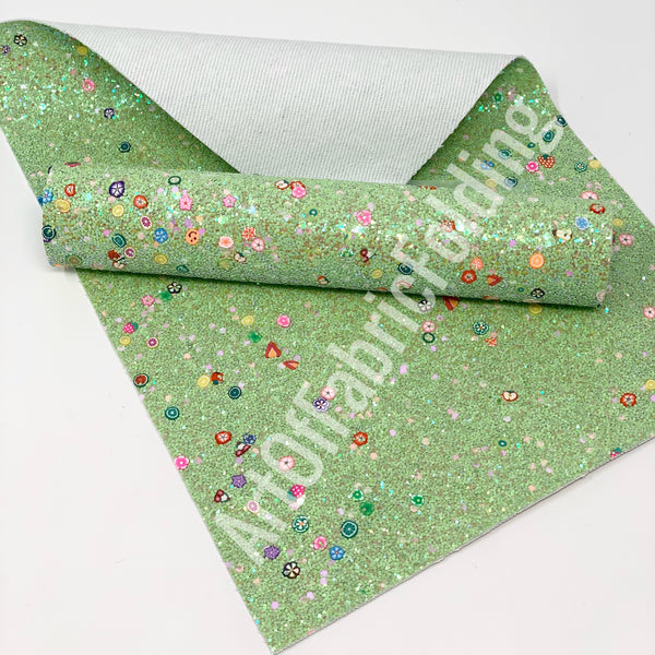 Lime GREEN Glitter sheets with fruits and flowers P543