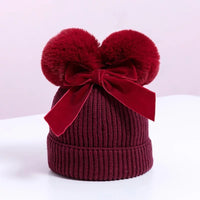 Baby Girl Knitted Hat. Fur Pom Pom and velvet bow. Winter hat