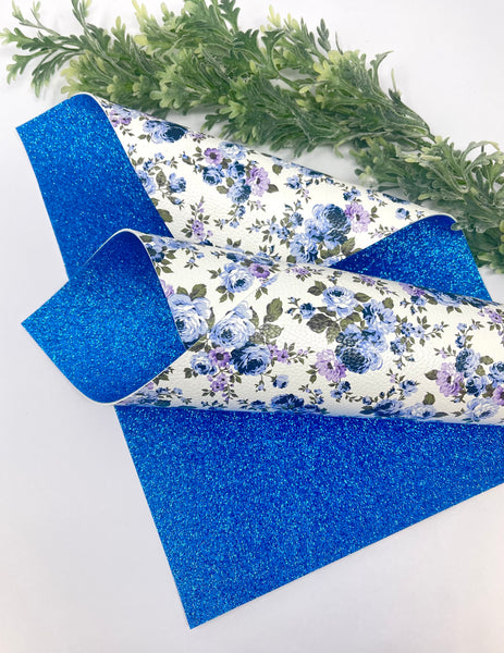 Blue floral Double sided faux leather sheets blue glitter backing