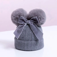 Baby Girl Knitted Hat. Fur Pom Pom and velvet bow. Winter hat