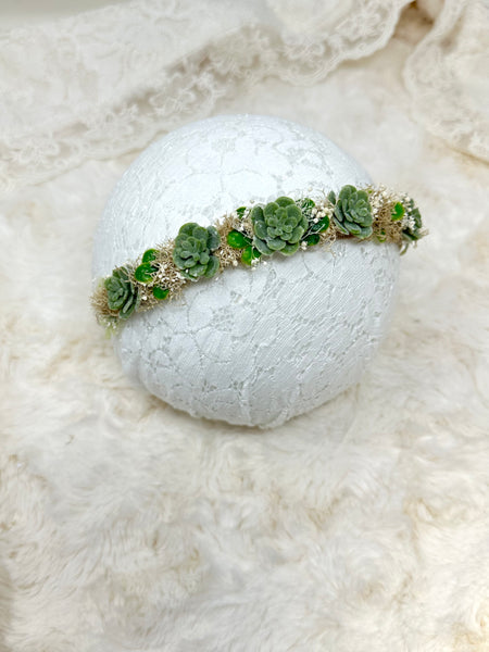 Green Succulent flower crown baby headband