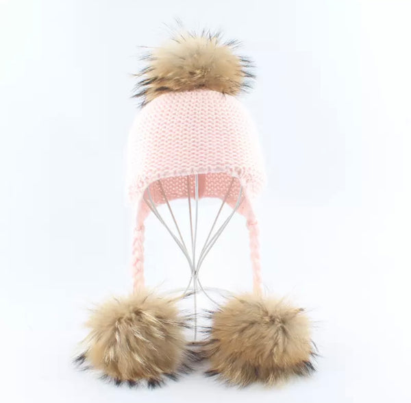 Knitted baby hat with Triple Fur Pom Pom