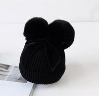 Baby Girl Knitted Hat. Fur Pom Pom and velvet bow. Winter hat