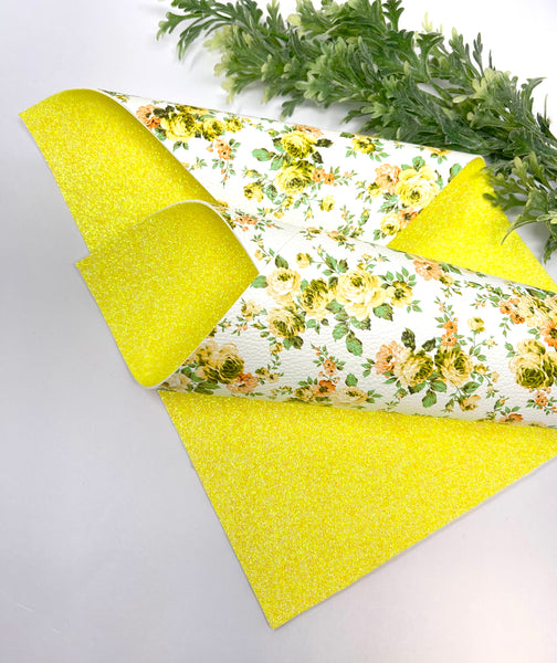 Yellow  floral Double sided faux leather sheets yellow glitter backing