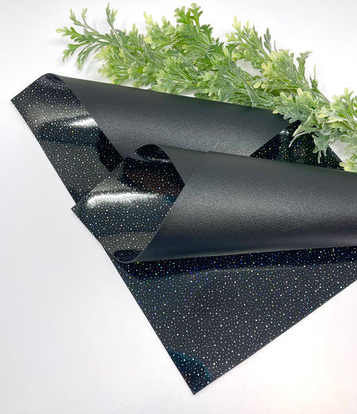 BLACK  double sided leather sheet. Smooth black with silver dots backing